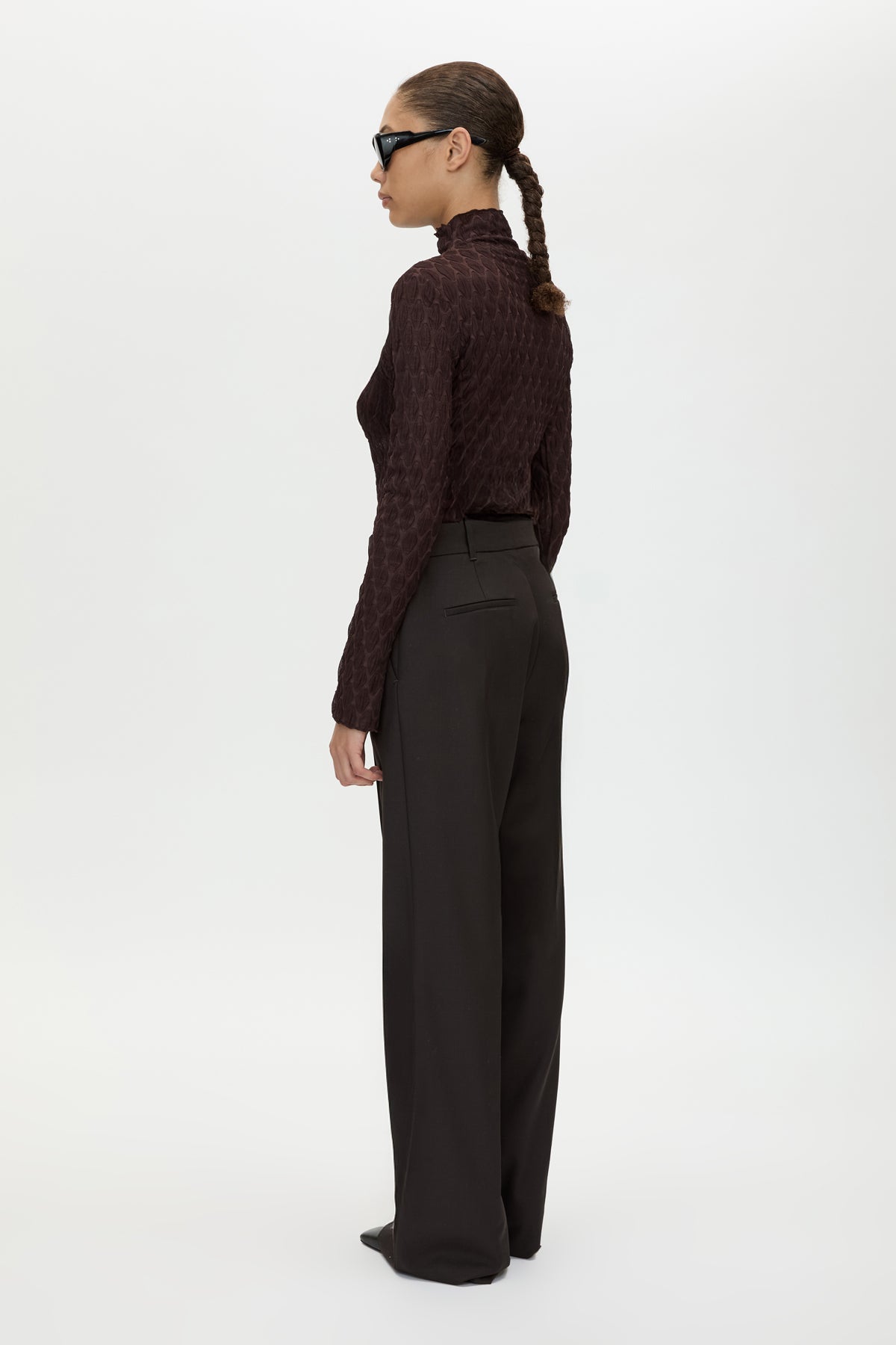 Three Quarter Back view CAMILLA AND MARC Saxony High Waisted Pintuck Pant in Espresso Pindot.