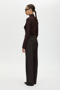 Three Quarter Back view CAMILLA AND MARC Saxony High Waisted Pintuck Pant in Espresso Pindot.