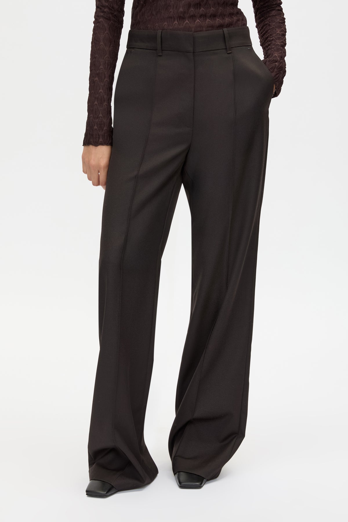 Cropped view CAMILLA AND MARC Saxony High Waisted Pintuck Pant in Espresso Pindot featuring a tailored silhouette.