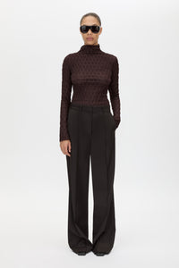 Front styled view CAMILLA AND MARC Saxony High Waisted Pintuck Pant in Espresso Pindot featuring a tailored silhouette.
