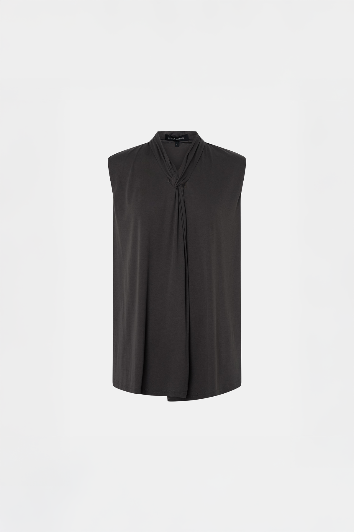 Ghost view CAMILLA AND MARC Senae Draped Knot Sleeveless Top in charcoal grey.