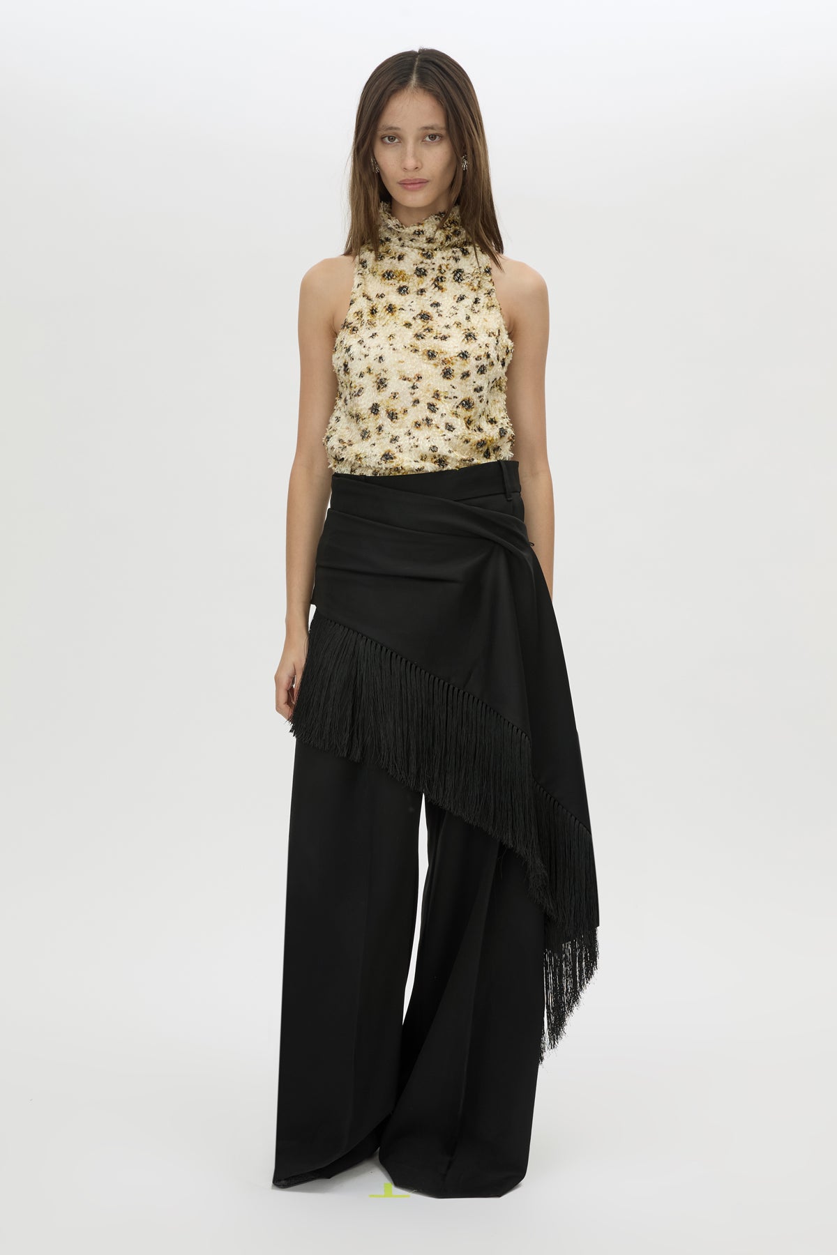 Front-styled view CAMILLA AND MARC Sentra Top in Sentra print with high‑neck cowl neckline.