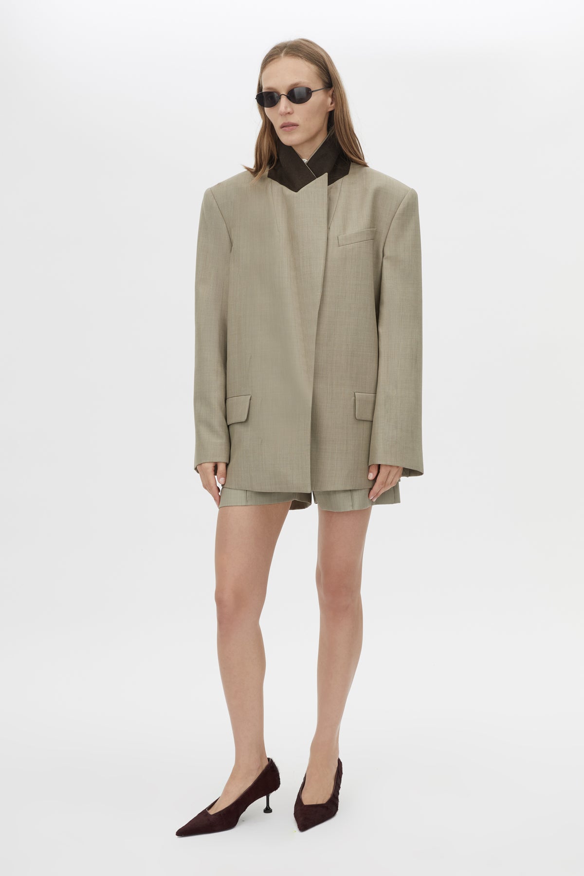 Front view CAMILLA AND MARC Seri Blazer in Stone Marle showing contrast felt undercollar.