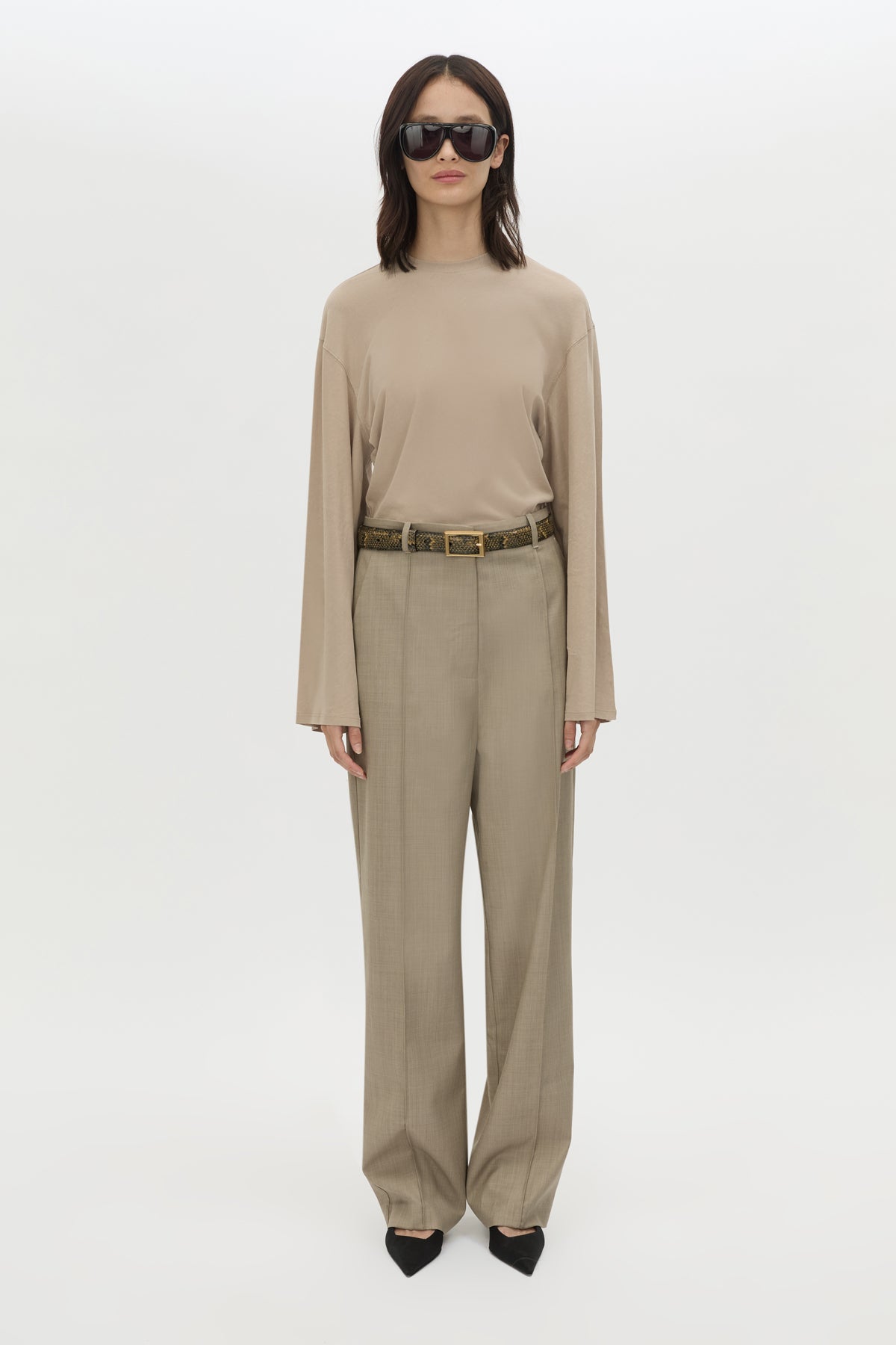 Front view CAMILLA AND MARC Seri Pant in Stone Marle with mid‑rise tailored fit and pintuck detailing.