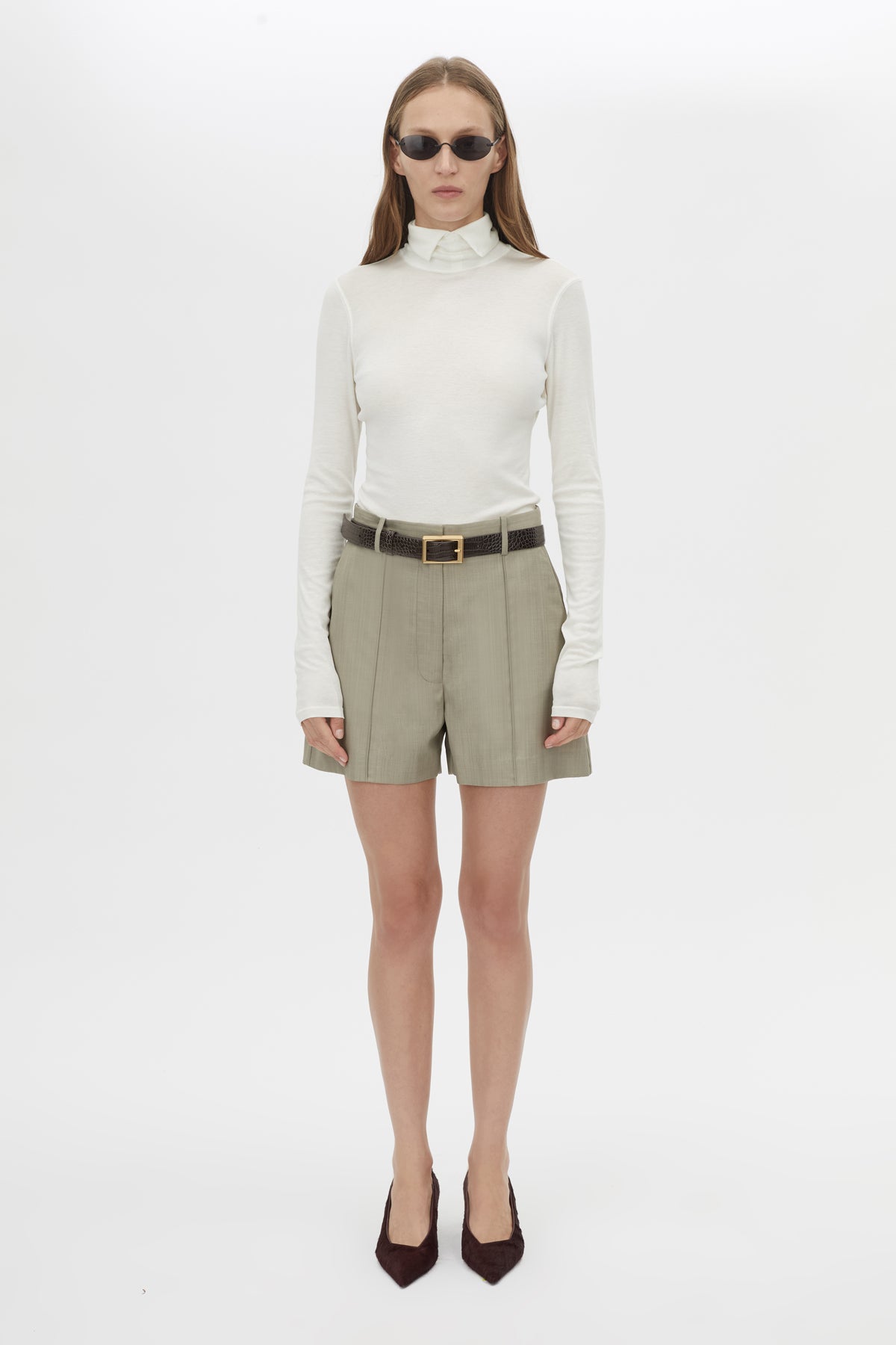 Front styled view CAMILLA AND MARC Seri Tailored Short in Stone Marle with a mid‑rise tailored cut and buckle detail.