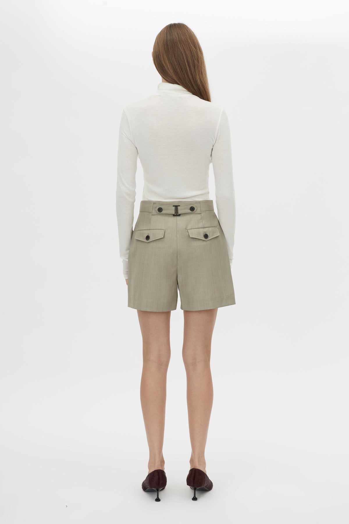 Back view CAMILLA AND MARC Seri Tailored Short in Stone Marle with a mid‑rise tailored cut and buckle detail.