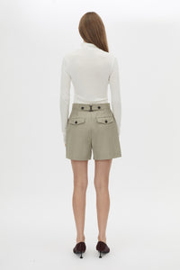 Back view CAMILLA AND MARC Seri Tailored Short in Stone Marle with a mid‑rise tailored cut and buckle detail.