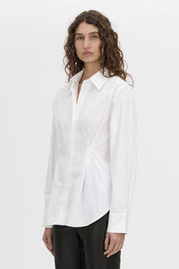 crop view CAMILLA AND MARC Shari Collared Shirt in white with concealed front corozo button placket.