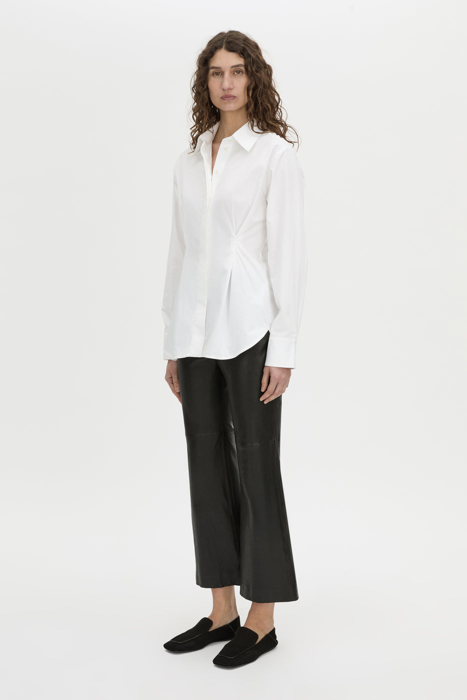 Front-styled-2 view CAMILLA AND MARC Shari Collared Shirt in white with concealed front corozo button placket.