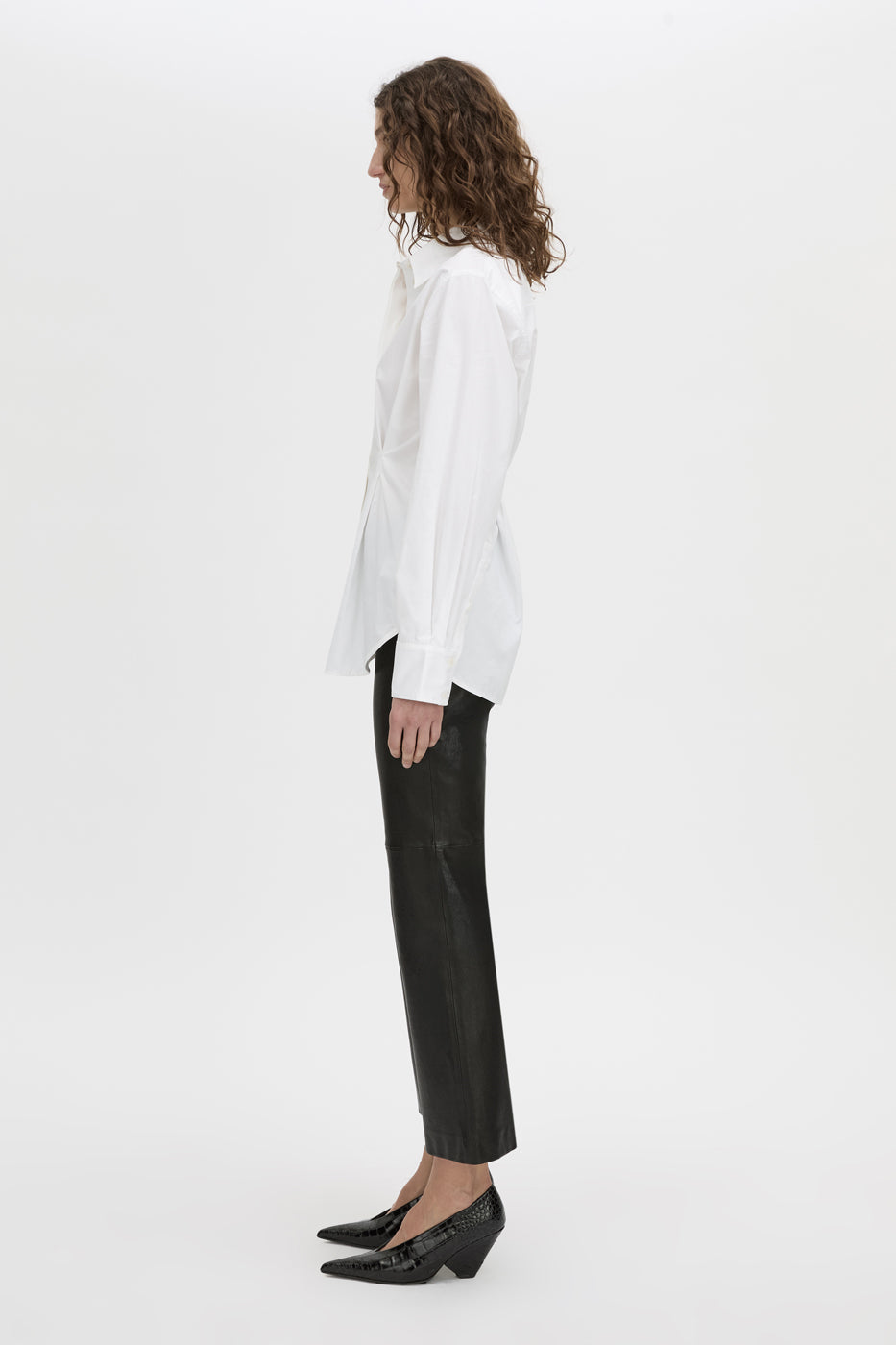 Side view CAMILLA AND MARC Shari Collared Shirt in white with concealed front corozo button placket.