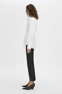 Side view CAMILLA AND MARC Shari Collared Shirt in white with concealed front corozo button placket.