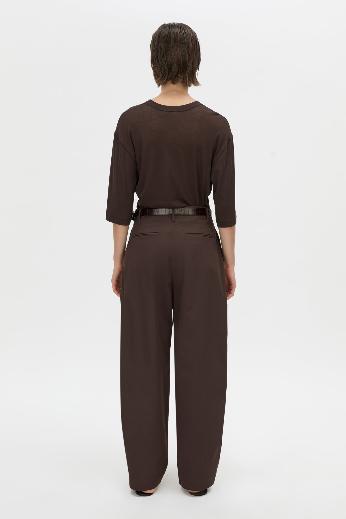 Back view CAMILLA AND MARC relaxed Siona Light Elbow Sleeve Top in chocolate brown.