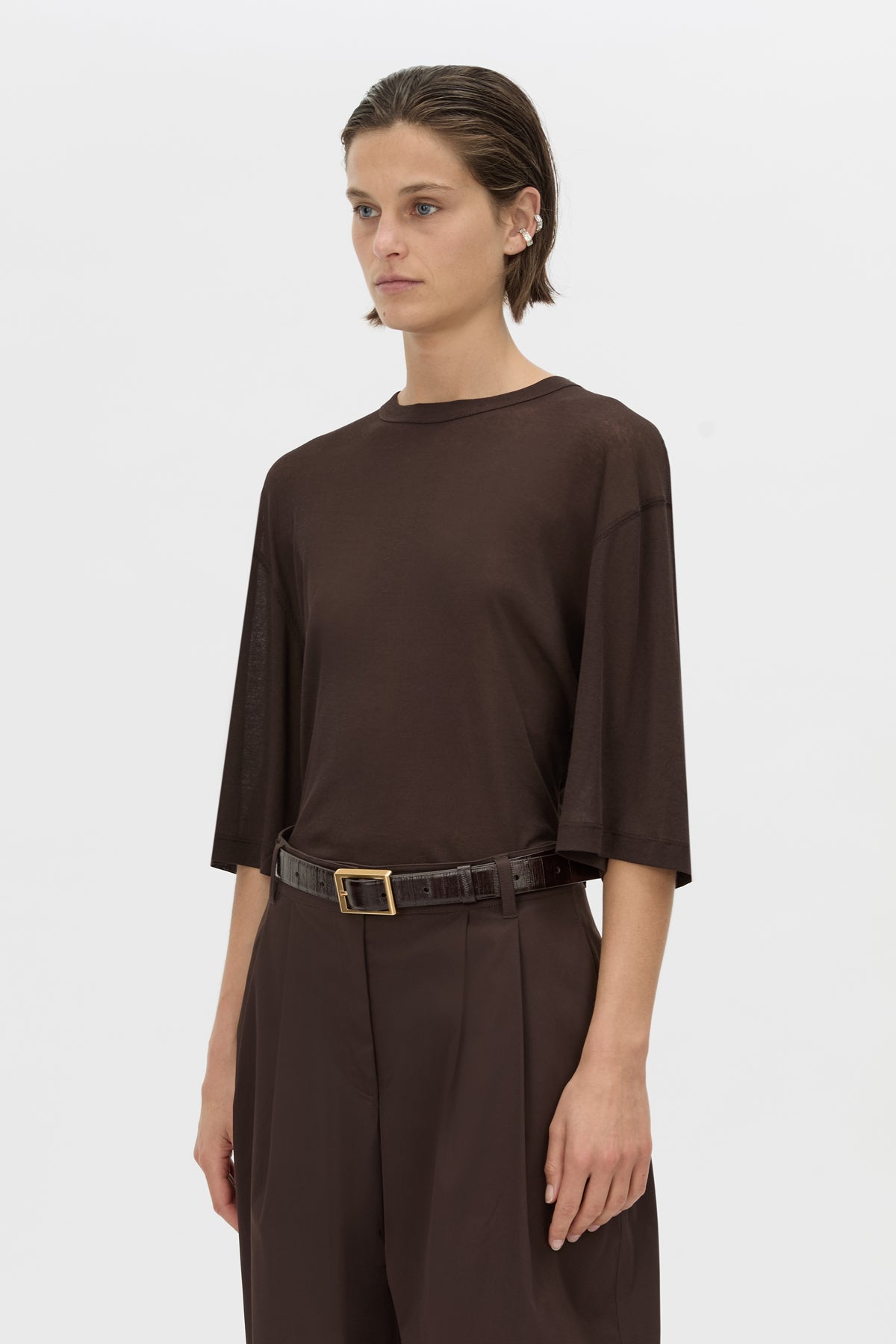 Cropped view CAMILLA AND MARC relaxed Siona Light Elbow Sleeve Top in chocolate brown.