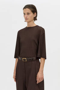 Cropped view CAMILLA AND MARC relaxed Siona Light Elbow Sleeve Top in chocolate brown.