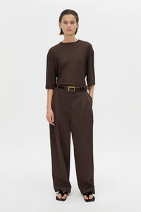 Front-styled view CAMILLA AND MARC relaxed Siona Light Elbow Sleeve Top in chocolate brown.