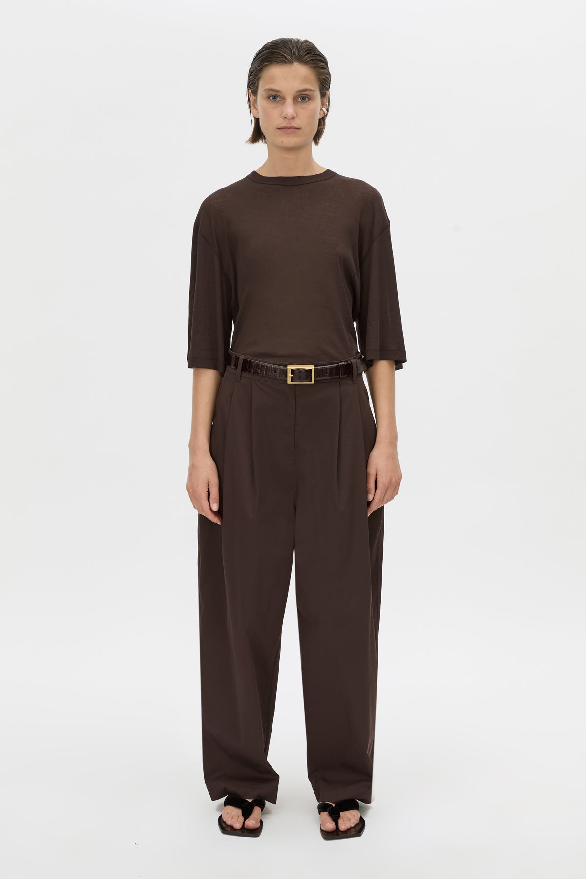Front view CAMILLA AND MARC relaxed Siona Light Elbow Sleeve Top in chocolate brown.