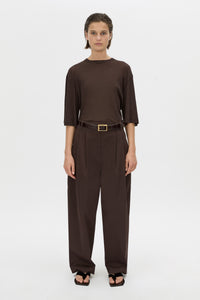 Front view CAMILLA AND MARC relaxed Siona Light Elbow Sleeve Top in chocolate brown.