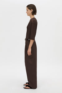Side view CAMILLA AND MARC relaxed Siona Light Elbow Sleeve Top in chocolate brown.