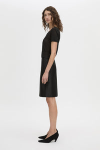 Side view CAMILLA AND MARC Siona Light Weight Fitted Tee in black with scoop neckline.