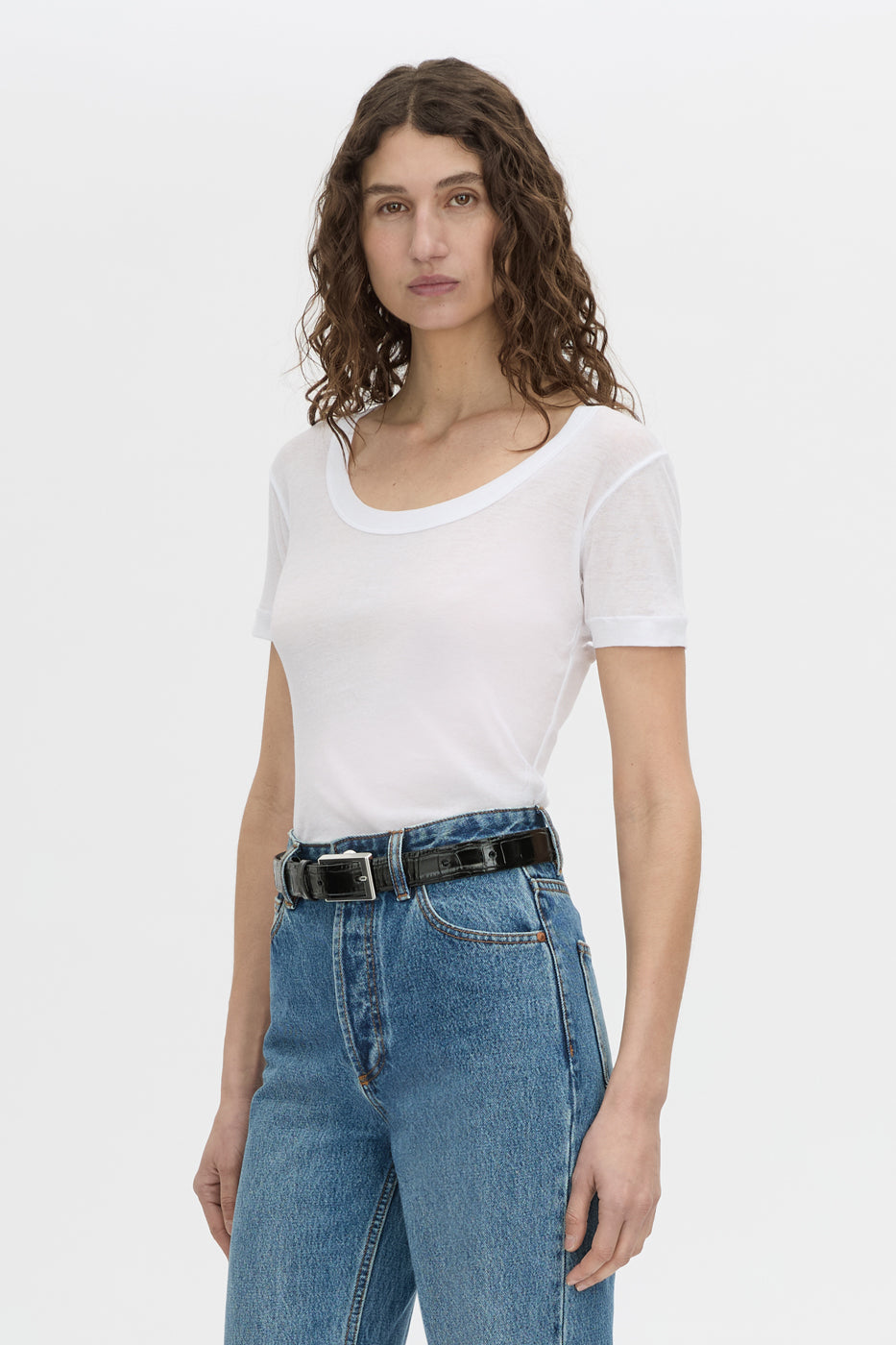 crop view CAMILLA AND MARC Siona Light Weight Fitted Tee in soft white with scoop neckline.