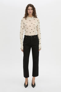 Front styled view CAMILLA AND MARC Siona Printed Long Sleeve Bodysuit with high‑neckline.