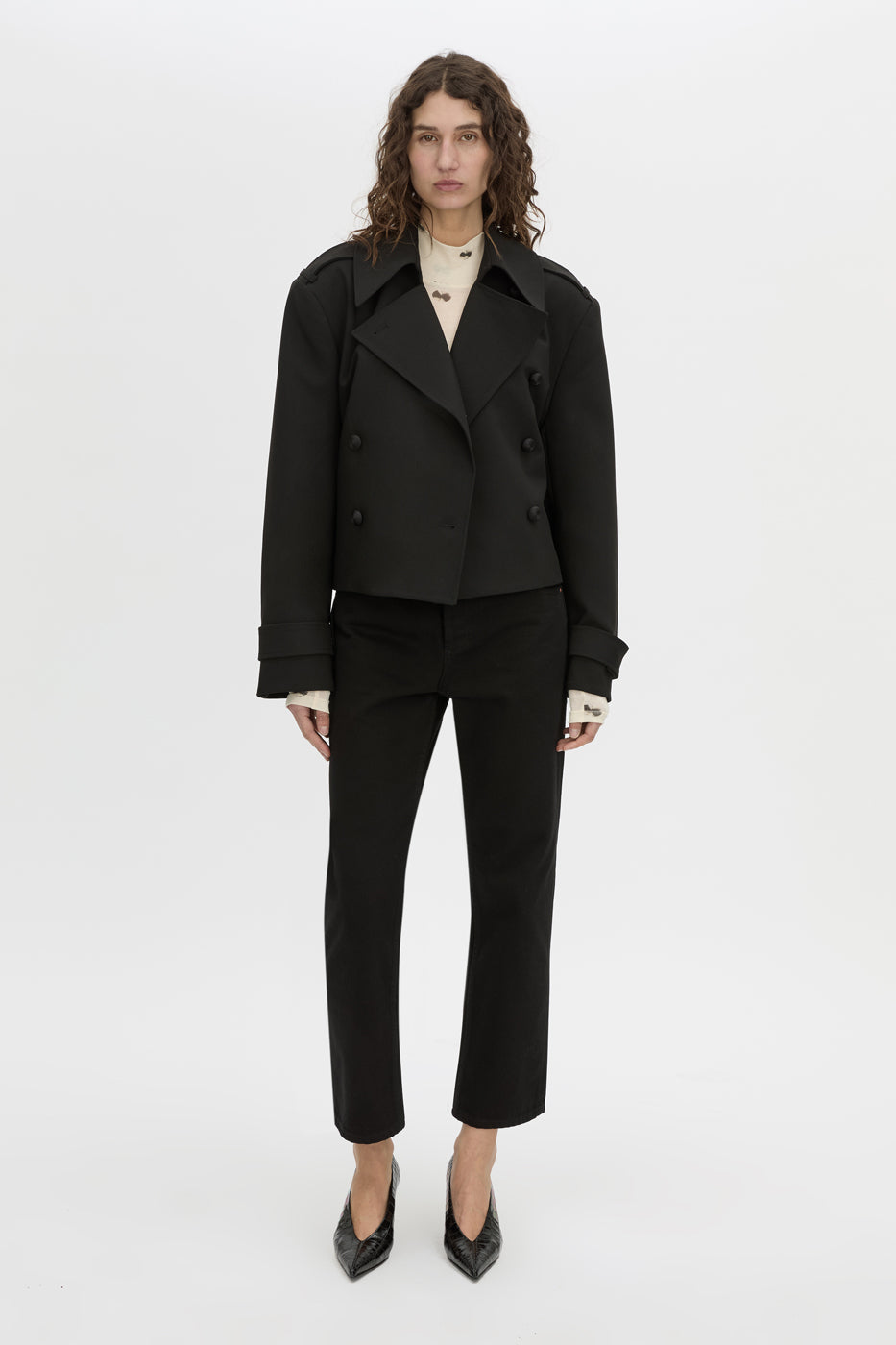 Front-styled view CAMILLA AND MARC Siona Printed Long Sleeve Bodysuit with high‑neckline.