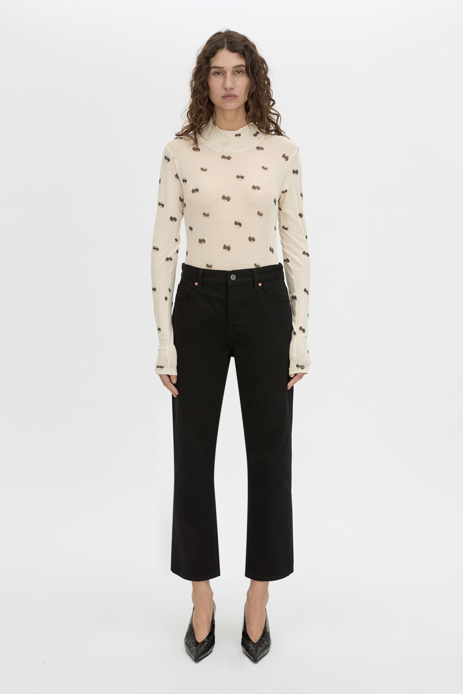 Front view CAMILLA AND MARC Siona Printed Long Sleeve Bodysuit with high‑neckline.