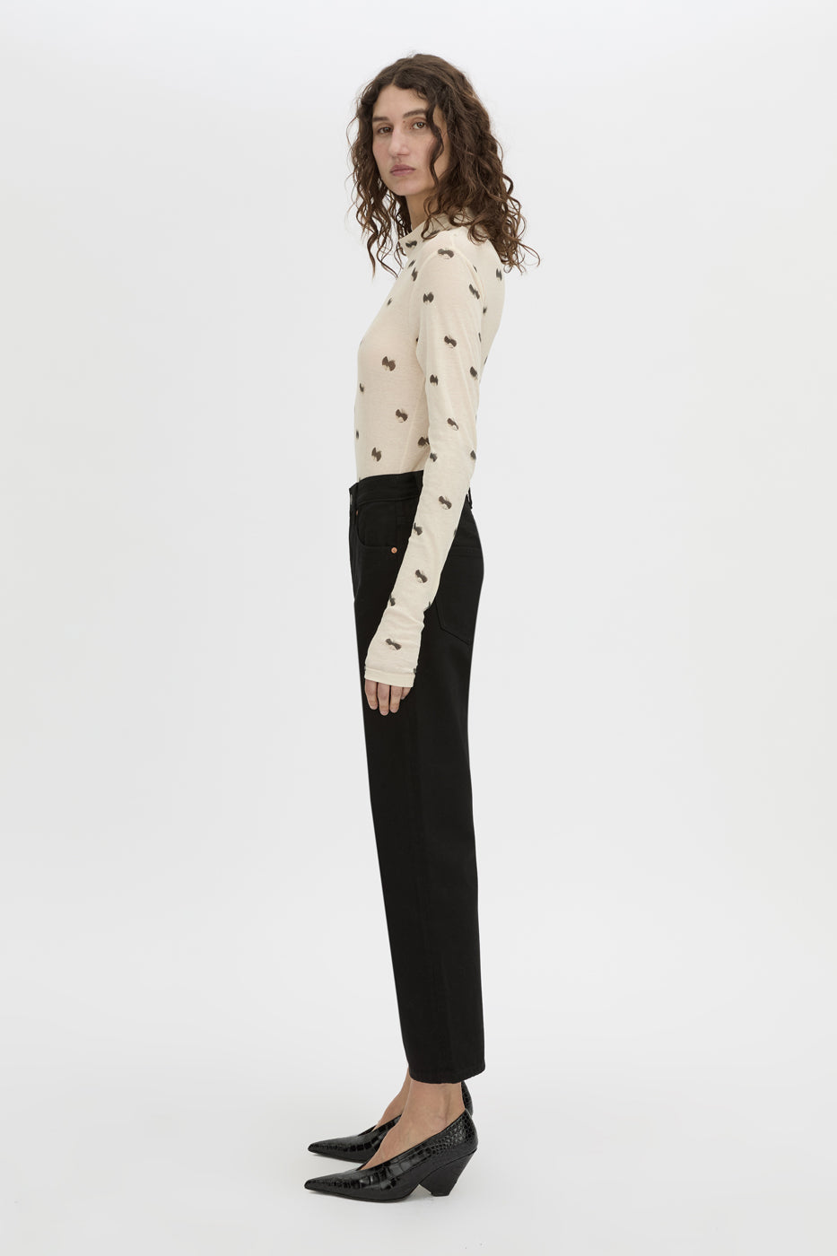 Side view CAMILLA AND MARC Siona Printed Long Sleeve Bodysuit with high‑neckline.