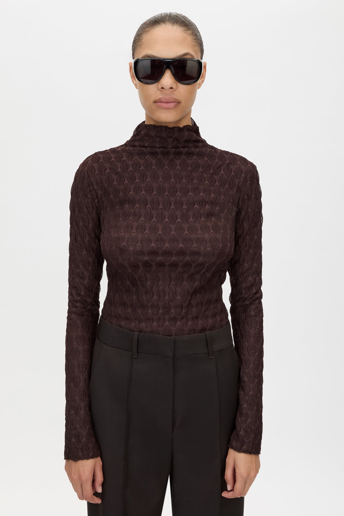 Cropped view CAMILLA AND MARC Sissil Top in Chocolate with long sleeves and funnel neckline.