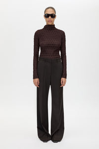 Front view CAMILLA AND MARC Sissil Top in Chocolate with long sleeves and funnel neckline.