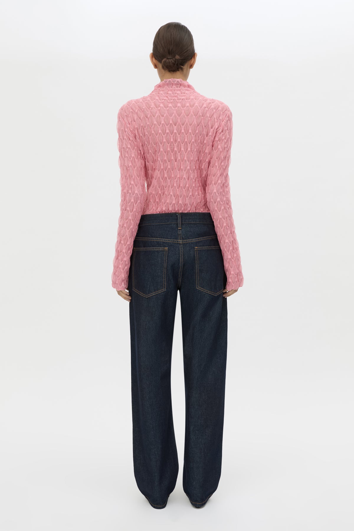Back view CAMILLA AND MARC Sissil Top in Powder Pink jersey with long sleeves and funnel neck.
