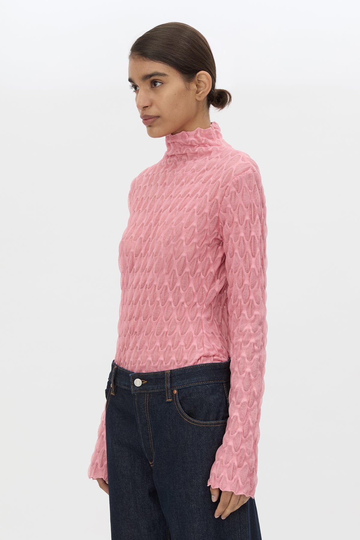Cropped view CAMILLA AND MARC Sissil Top in Powder Pink jersey with long sleeves and funnel neck.