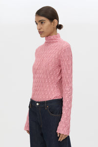 Cropped view CAMILLA AND MARC Sissil Top in Powder Pink jersey with long sleeves and funnel neck.