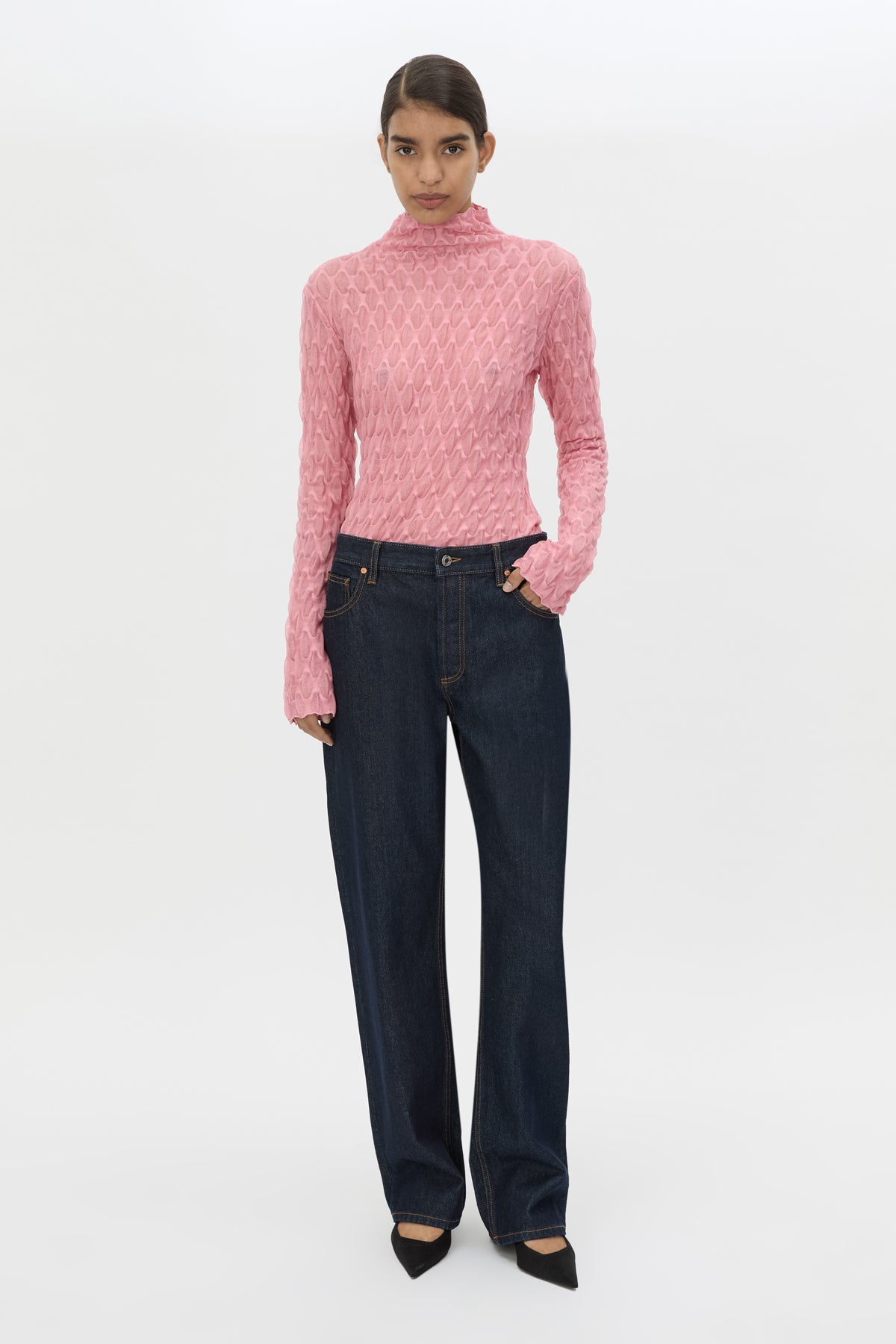Front view CAMILLA AND MARC Sissil Top in Powder Pink jersey with long sleeves and funnel neck.