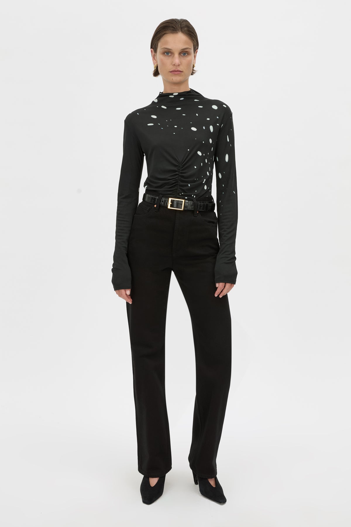Front-styled view CAMILLA AND MARC Skyward Printed Long Sleeve Top with a gathered front and high neckline.