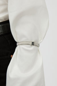 Close View - CAMILLA AND MARC Sleeve Monogram garter pair in silver. Wear with your favourite shirt, blazer, or coat.