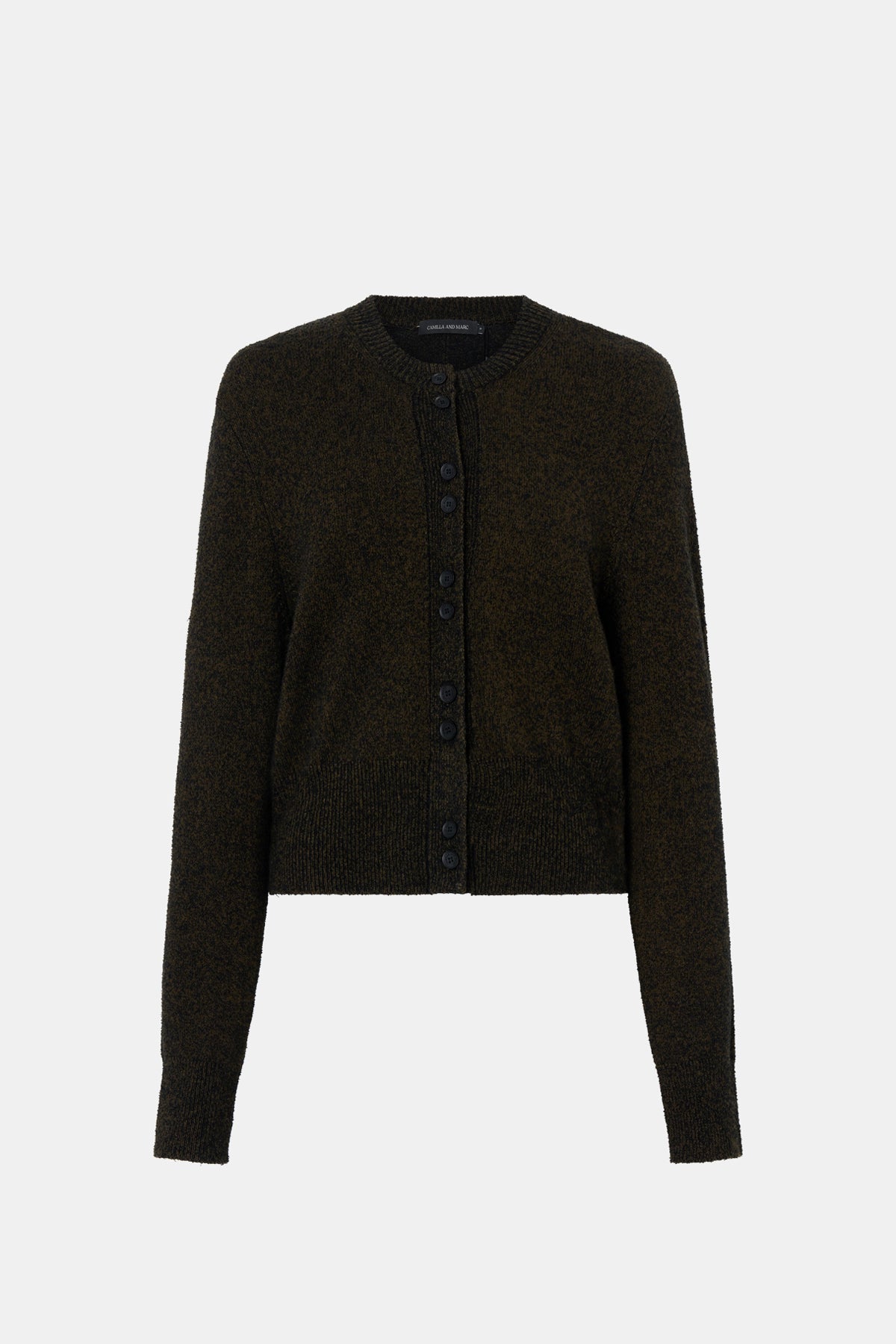 Ghost view CAMILLA AND MARC Soleo Textured Knit Cardigan in cocoa brown.