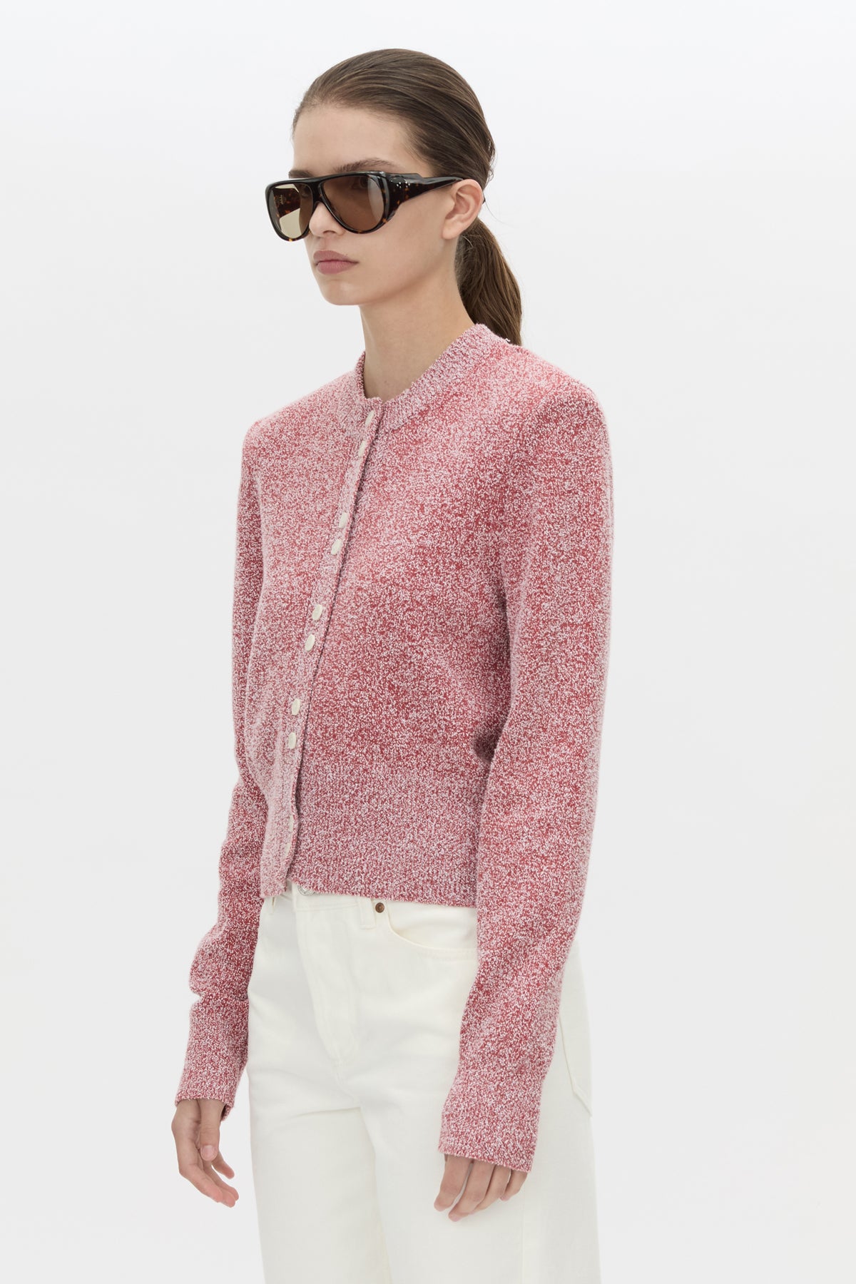 Cropped view CAMILLA AND MARC Soleo Textured Knit Cardigan in watermelon.