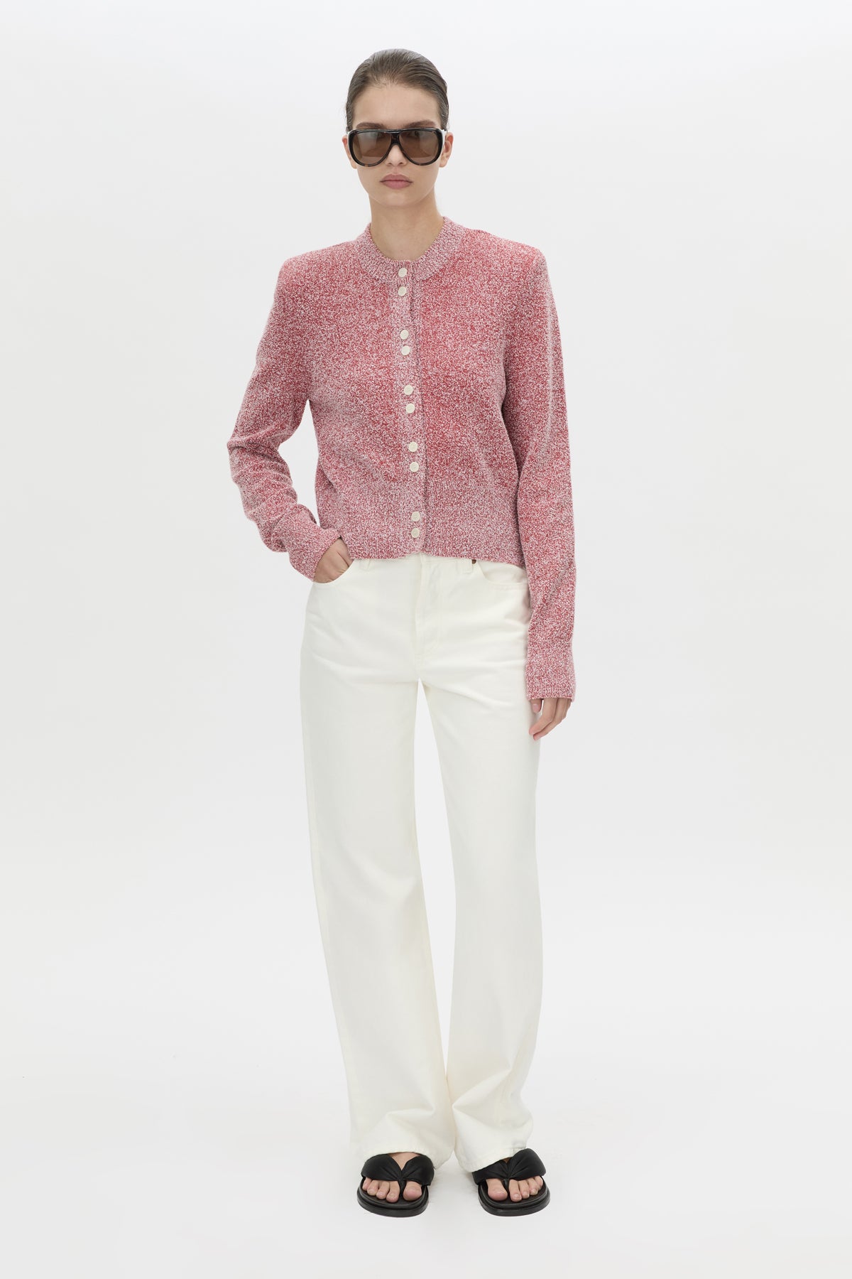 Front-styled view CAMILLA AND MARC Soleo Textured Knit Cardigan in watermelon.