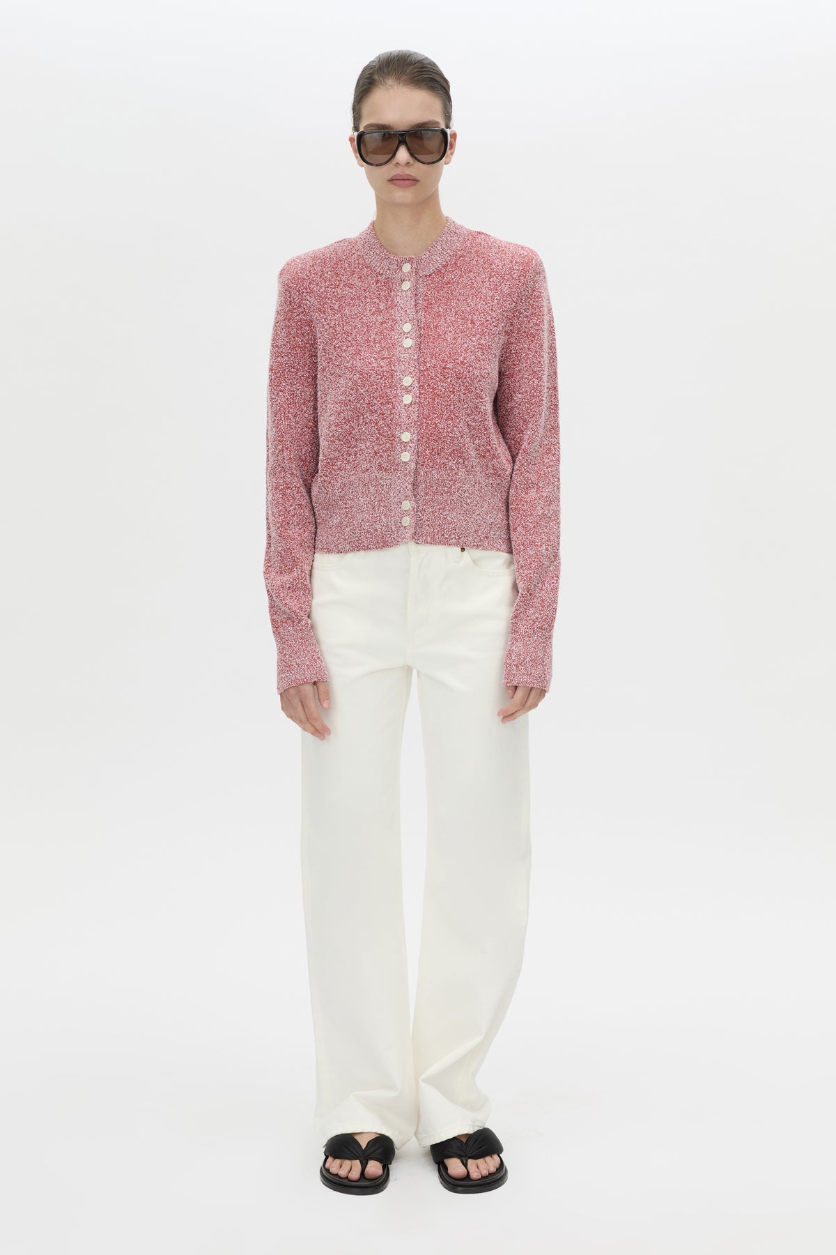 Front view CAMILLA AND MARC Soleo Textured Knit Cardigan in watermelon.