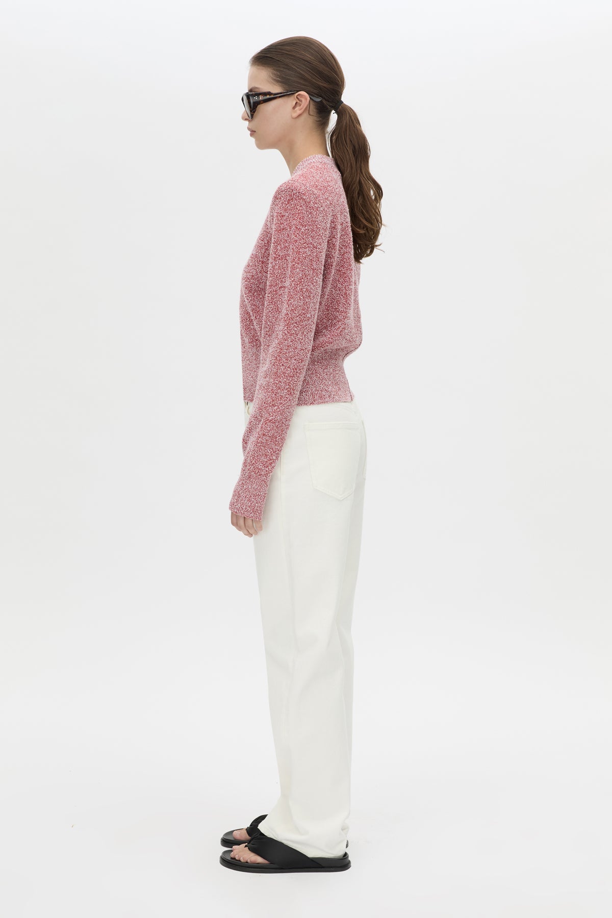 Side view CAMILLA AND MARC Soleo Textured Knit Cardigan in watermelon.