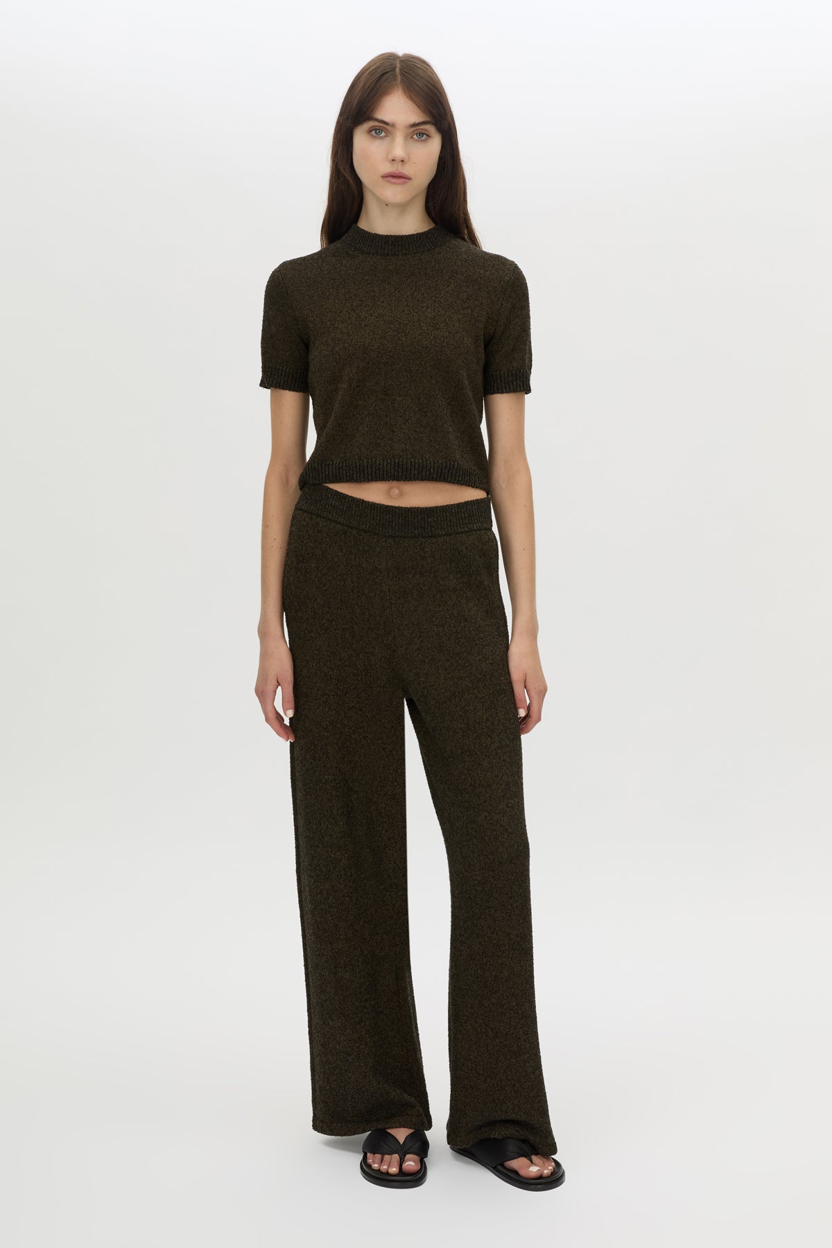 Front-styled view CAMILLA AND MARC Soleo Textured Knit T‑Shirt in cocoa brown.