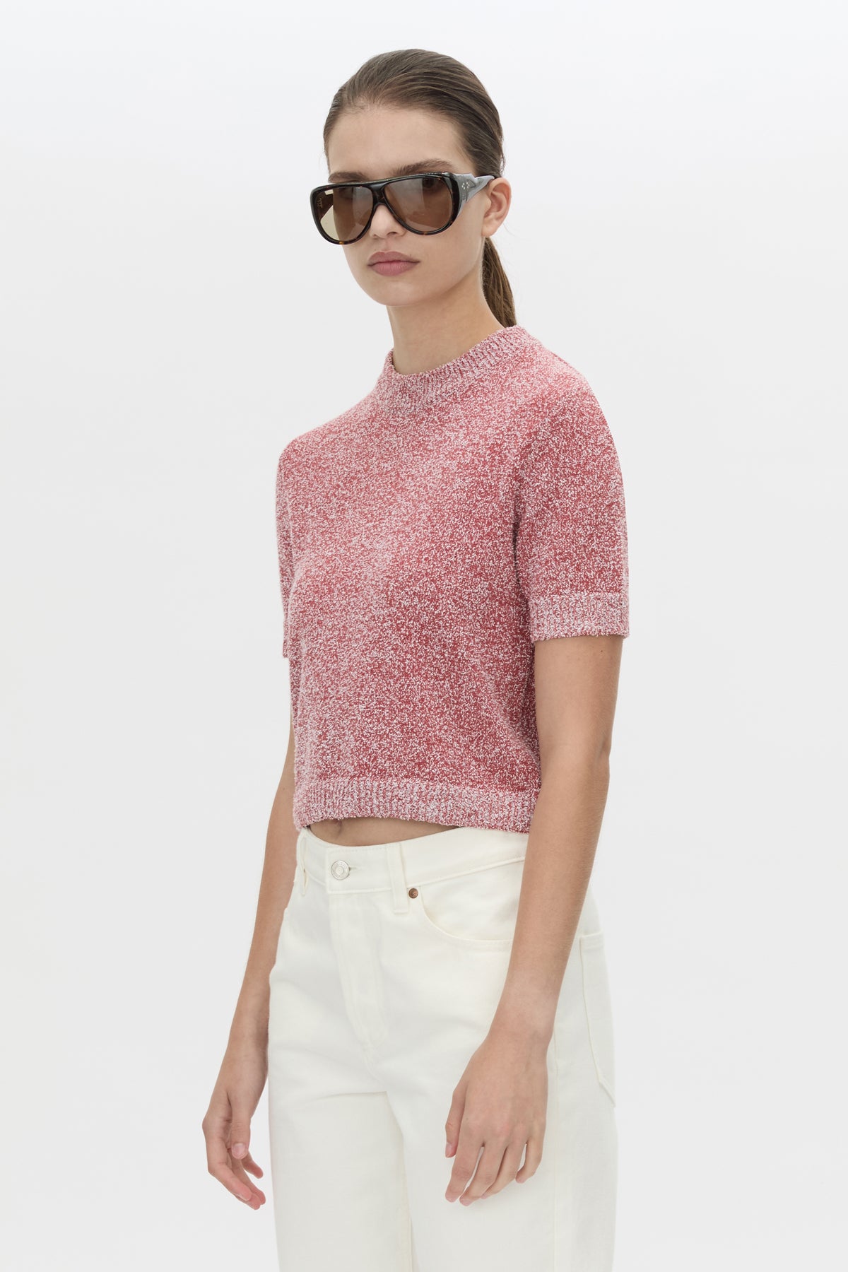 Cropped view CAMILLA AND MARC Soleo Textured Knit T‑Shirt in watermelon.