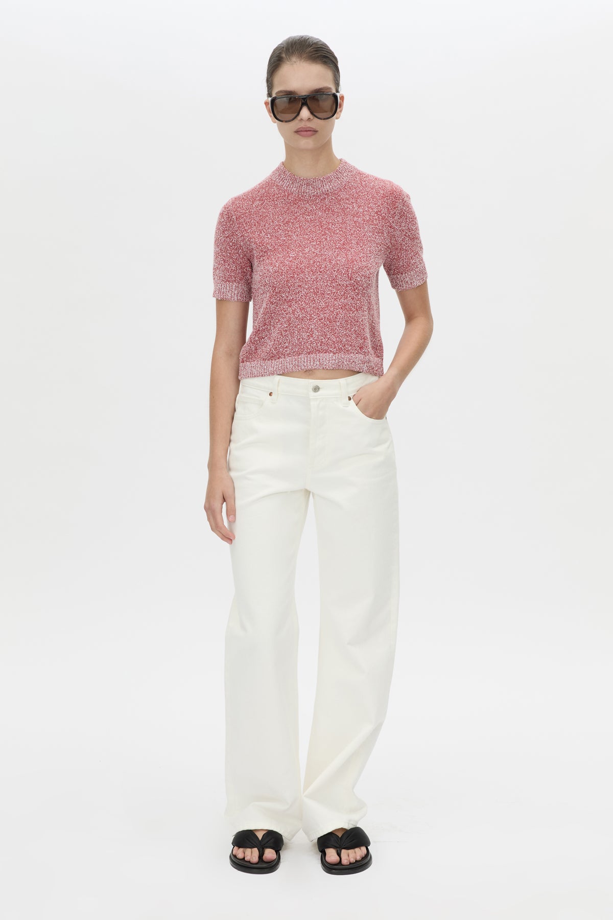 Front-styled view CAMILLA AND MARC Soleo Textured Knit T‑Shirt in watermelon.