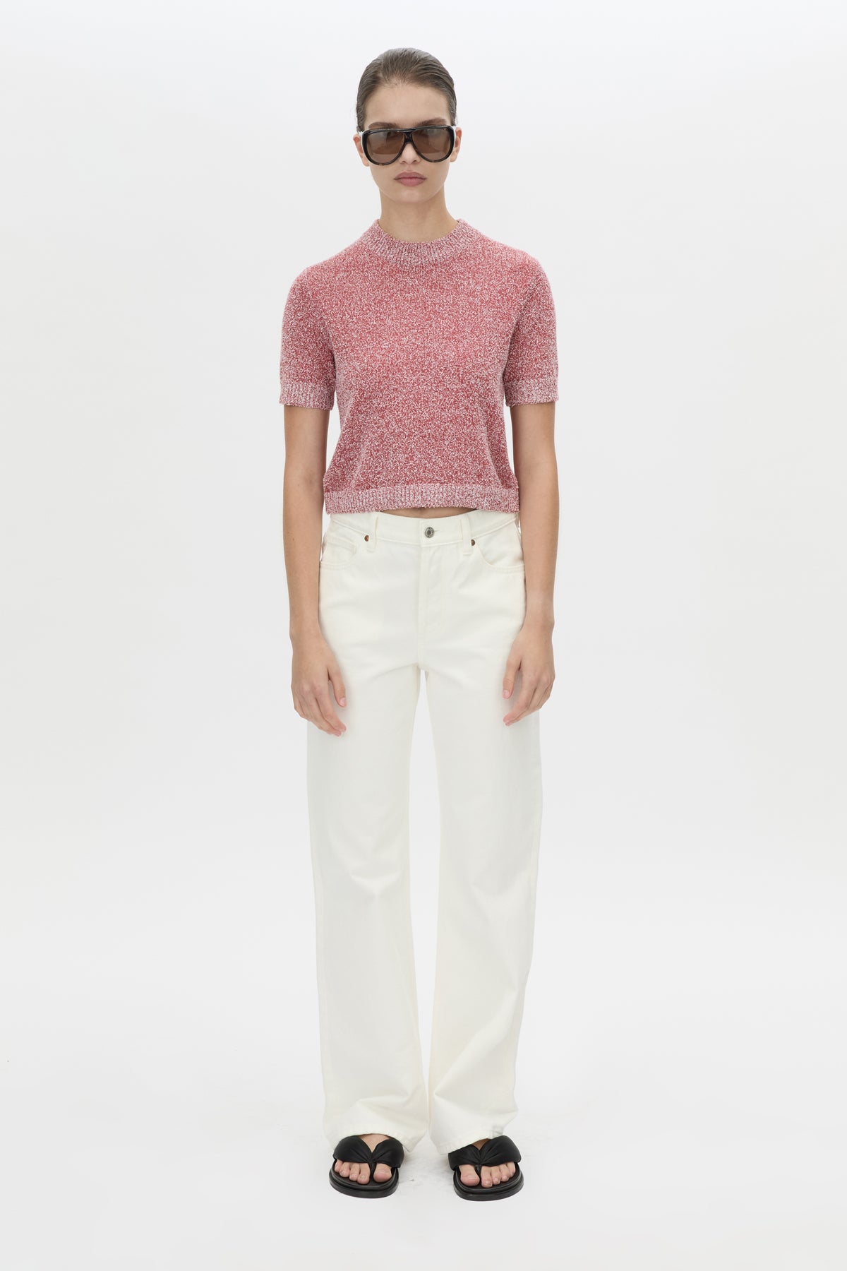 Front view CAMILLA AND MARC Soleo Textured Knit T‑Shirt in watermelon.