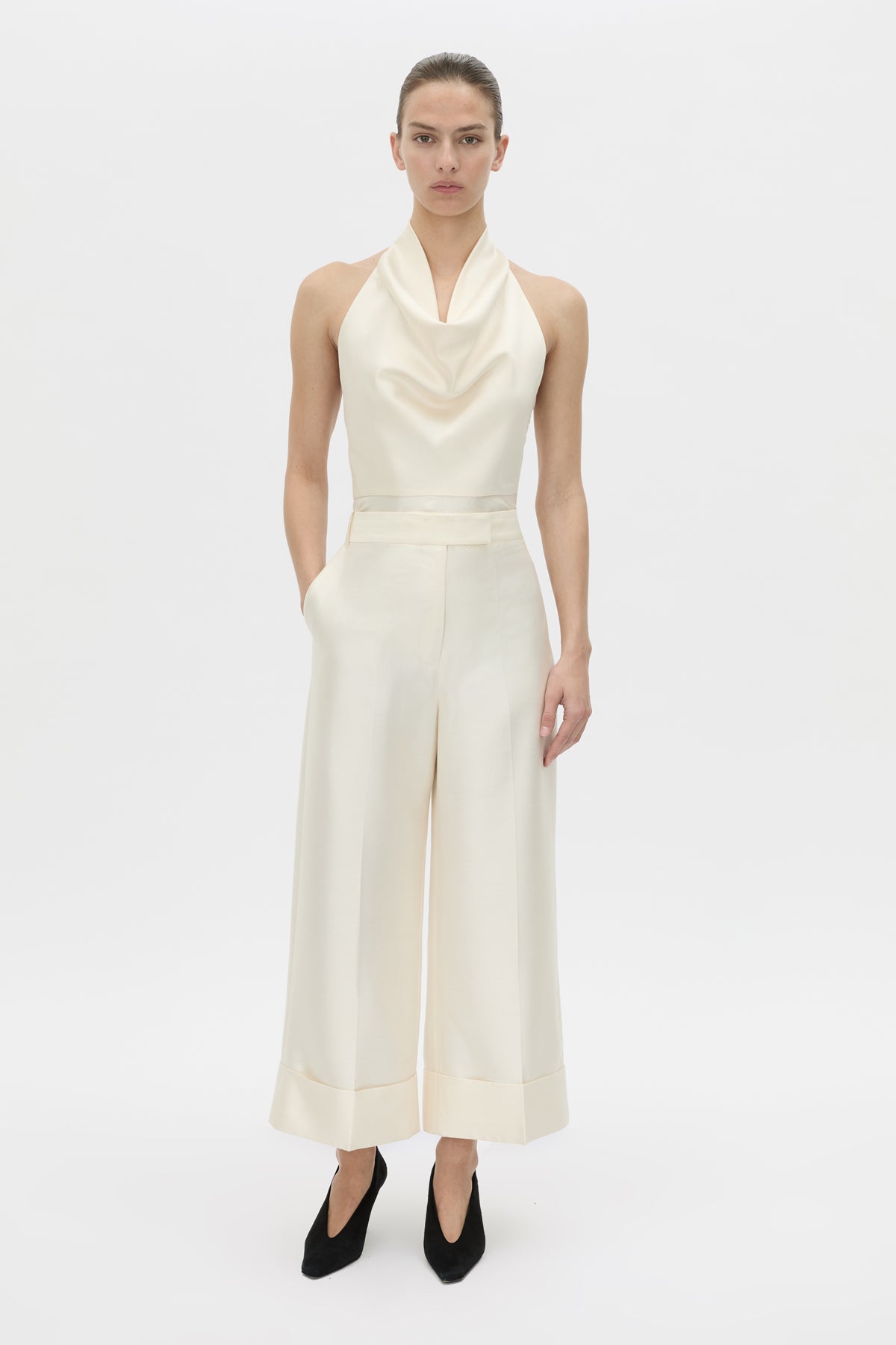 Front-styled view CAMILLA AND MARC Sona Crop Pant in cream with wide‑leg culotte design.
