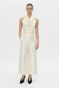 Front-styled view CAMILLA AND MARC Sona Crop Pant in cream with wide‑leg culotte design.