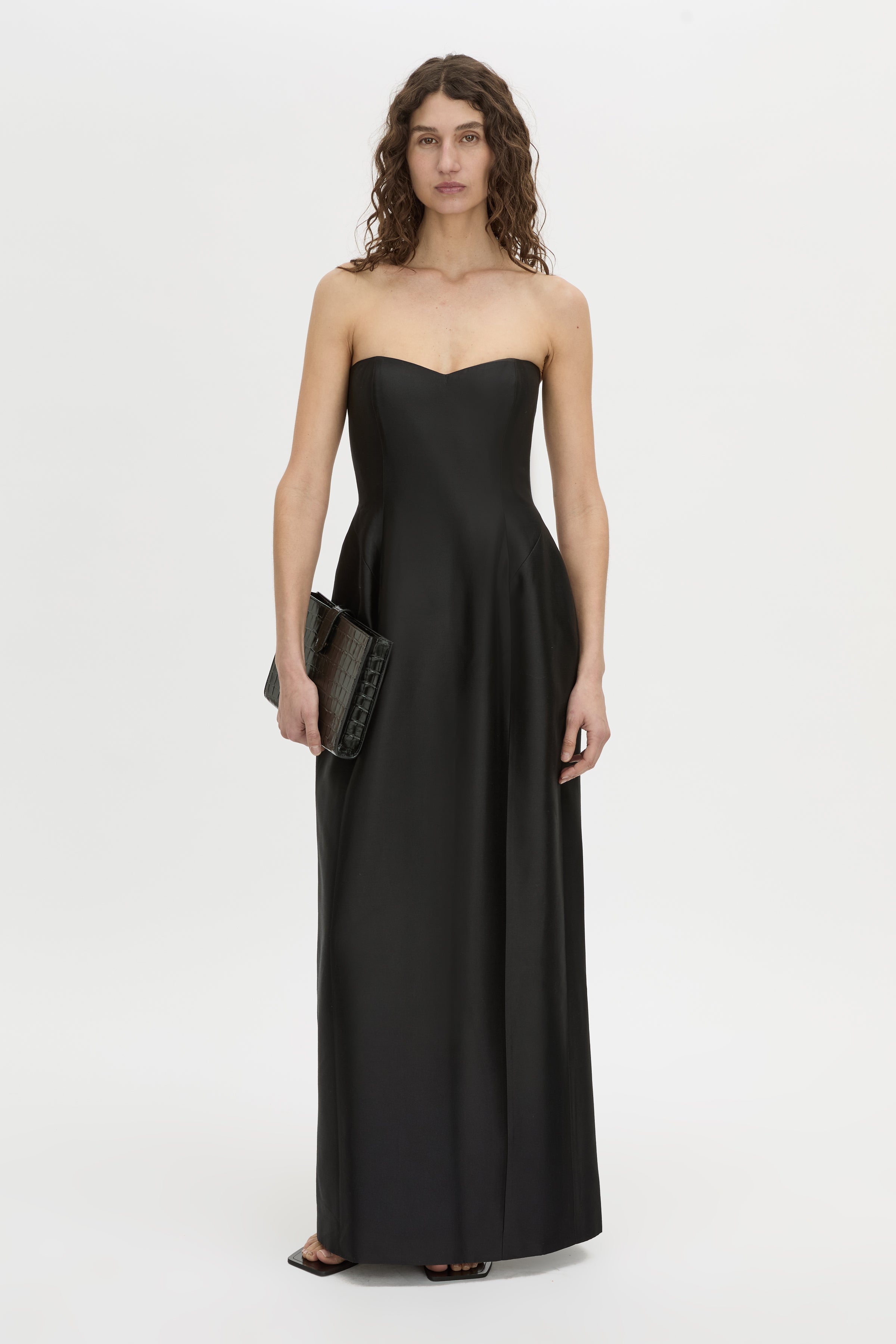 Front view CAMILLA AND MARC strapless Sona Maxi Dress in black with structured internal bodice.
