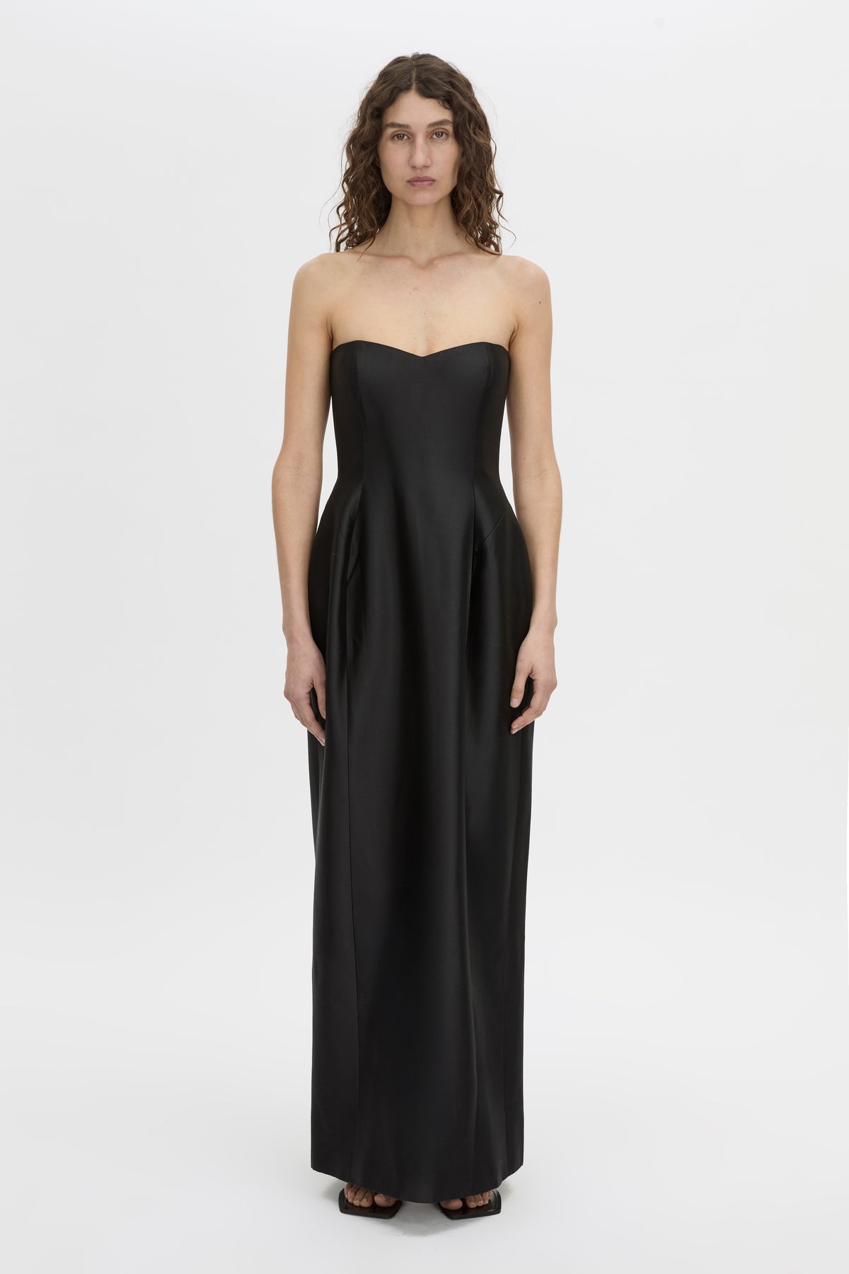 Front view CAMILLA AND MARC strapless Sona Maxi Dress in black with structured internal bodice.