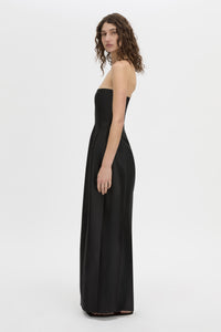 Side view CAMILLA AND MARC strapless Sona Maxi Dress in black with structured internal bodice.